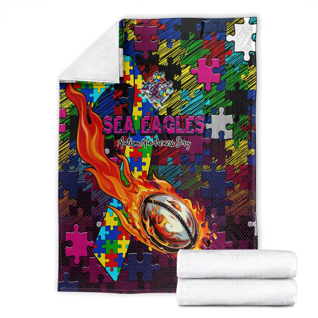 Sea Eagles Autism Awareness Blanket Puzzle Flames Rugby Ball
