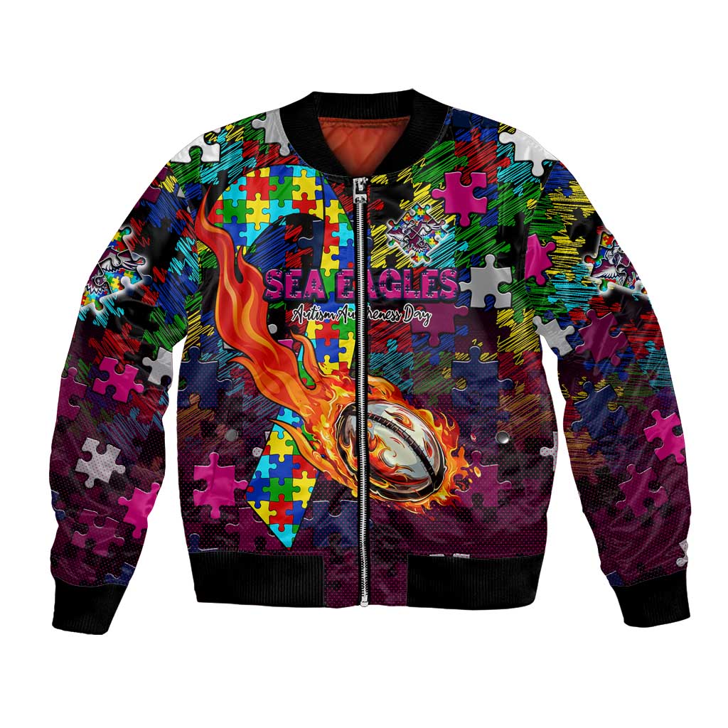 Sea Eagles Autism Awareness Bomber Jacket Puzzle Flames Rugby Ball