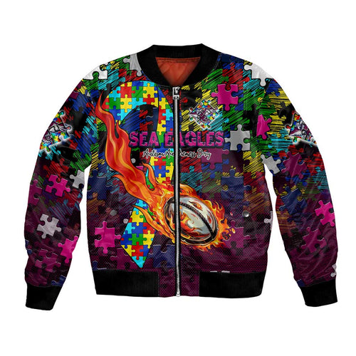 Sea Eagles Autism Awareness Bomber Jacket Puzzle Flames Rugby Ball