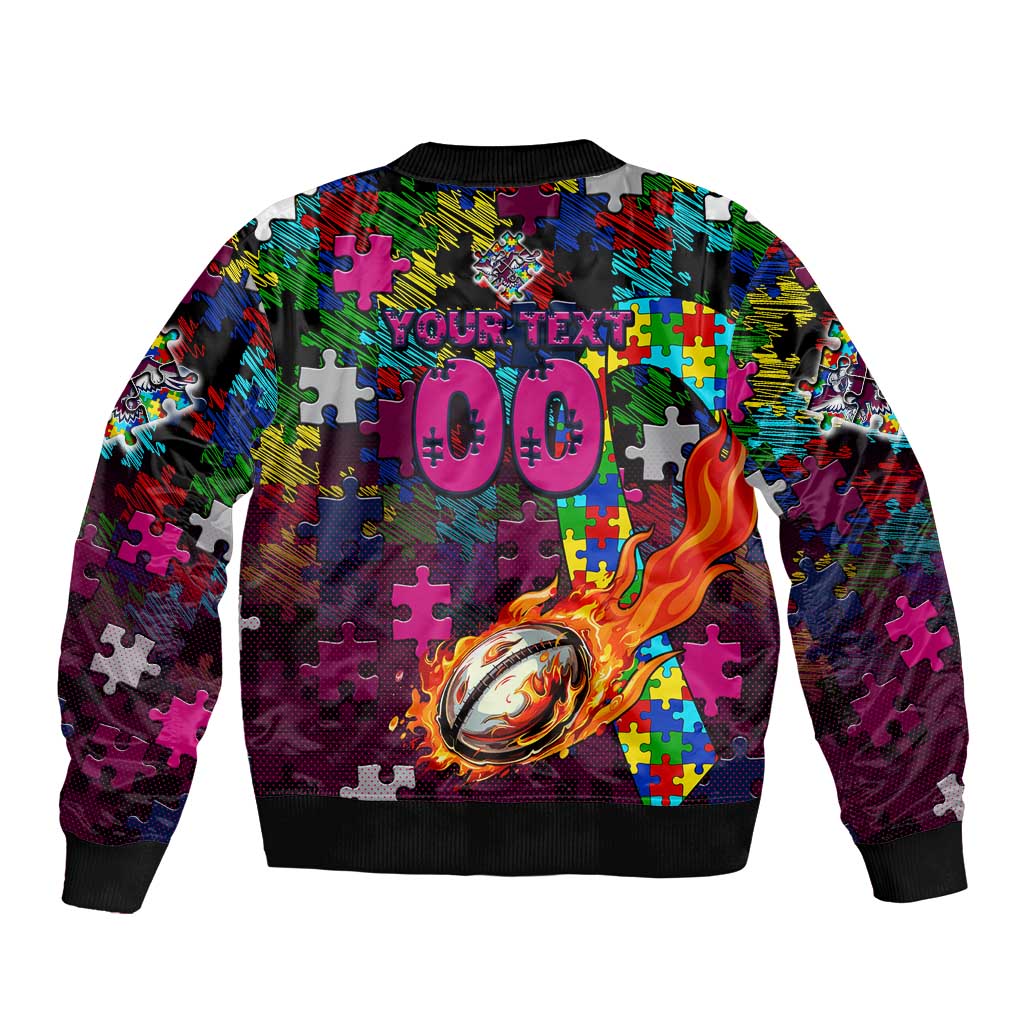 Sea Eagles Autism Awareness Bomber Jacket Puzzle Flames Rugby Ball