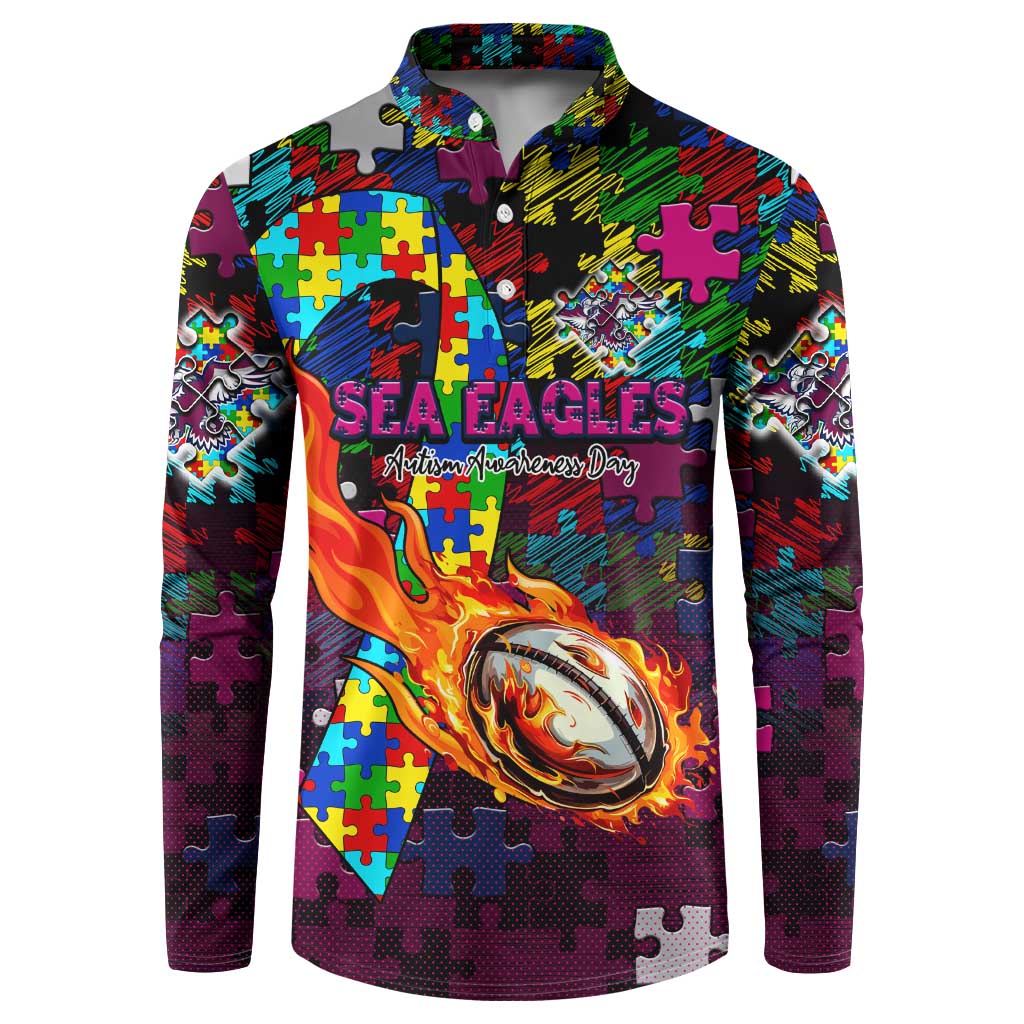 Sea Eagles Autism Awareness Button Sweatshirt Puzzle Flames Rugby Ball