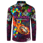 Sea Eagles Autism Awareness Button Sweatshirt Puzzle Flames Rugby Ball