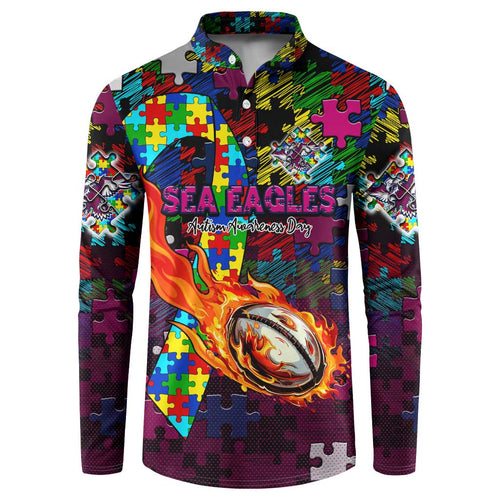 Sea Eagles Autism Awareness Button Sweatshirt Puzzle Flames Rugby Ball