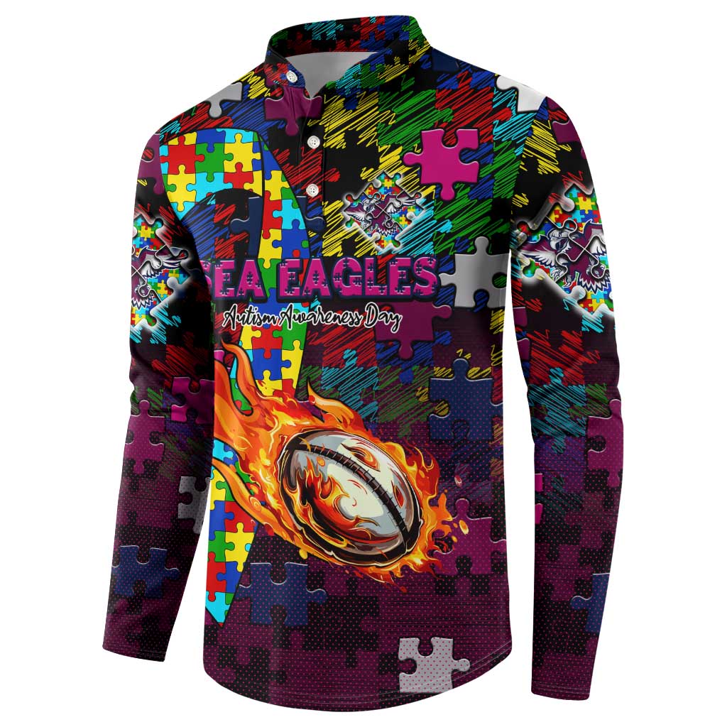 Sea Eagles Autism Awareness Button Sweatshirt Puzzle Flames Rugby Ball