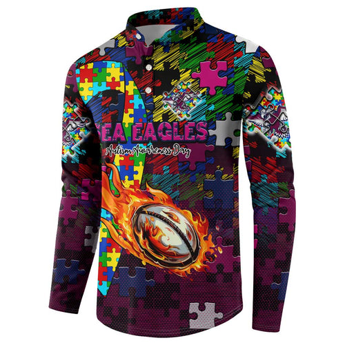 Sea Eagles Autism Awareness Button Sweatshirt Puzzle Flames Rugby Ball