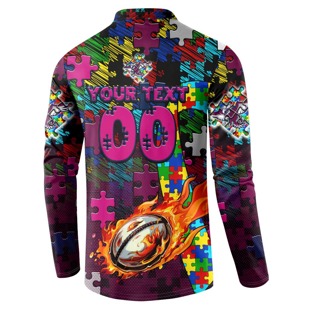 Sea Eagles Autism Awareness Button Sweatshirt Puzzle Flames Rugby Ball
