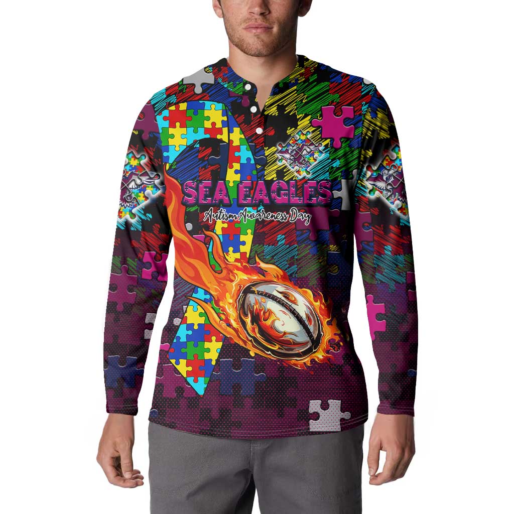 Sea Eagles Autism Awareness Button Sweatshirt Puzzle Flames Rugby Ball