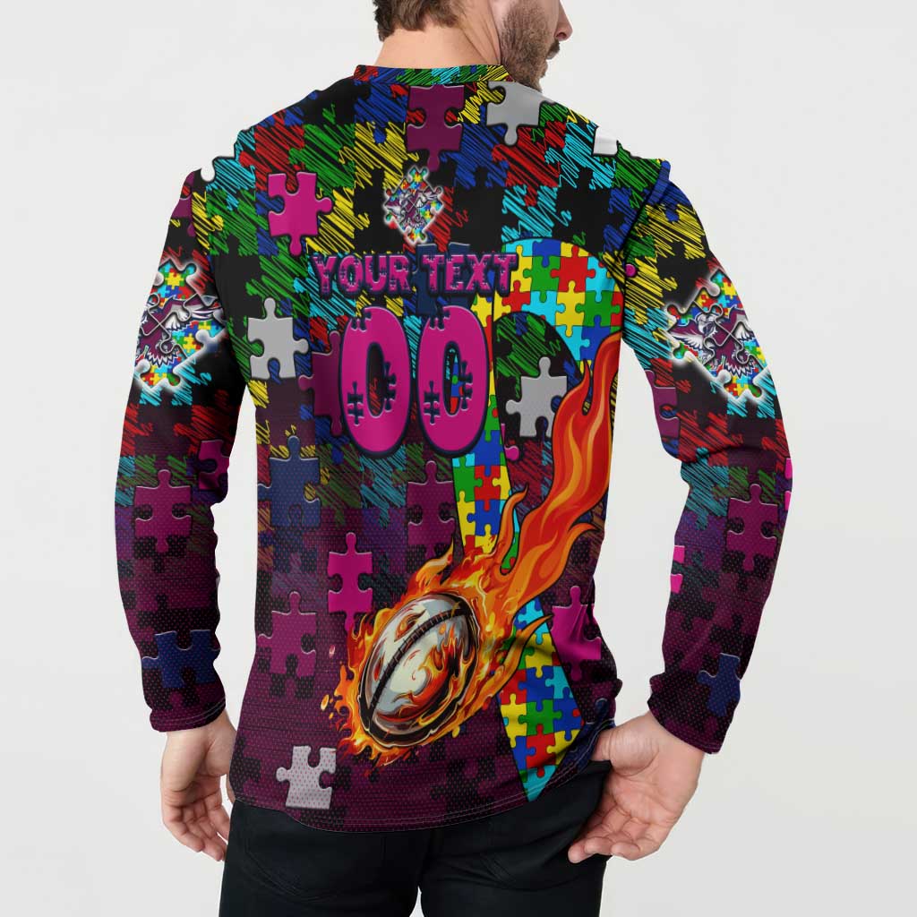 Sea Eagles Autism Awareness Button Sweatshirt Puzzle Flames Rugby Ball