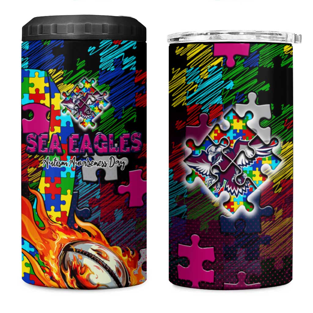 Sea Eagles Autism Awareness 4 in 1 Can Cooler Tumbler Puzzle Flames Rugby Ball