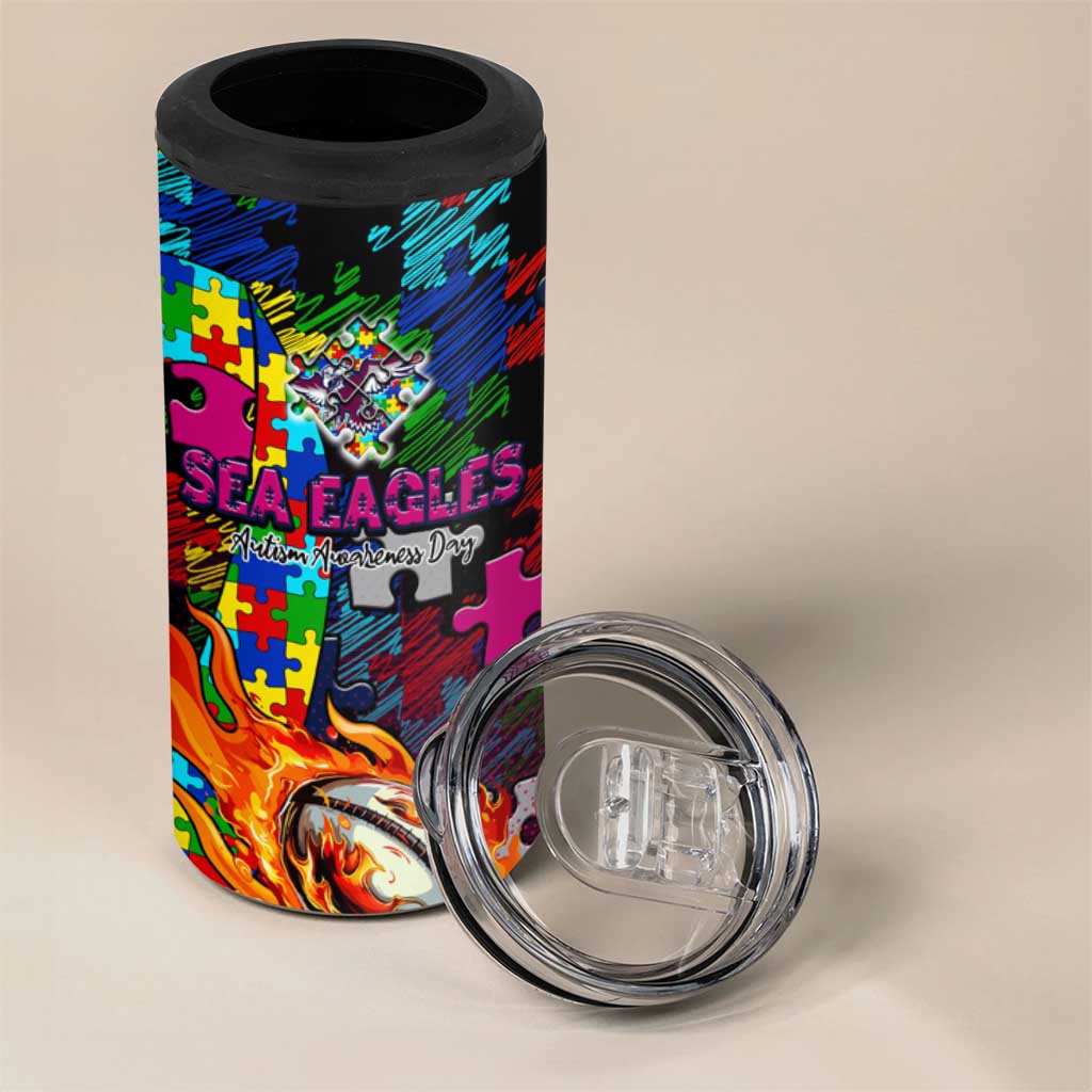 Sea Eagles Autism Awareness 4 in 1 Can Cooler Tumbler Puzzle Flames Rugby Ball