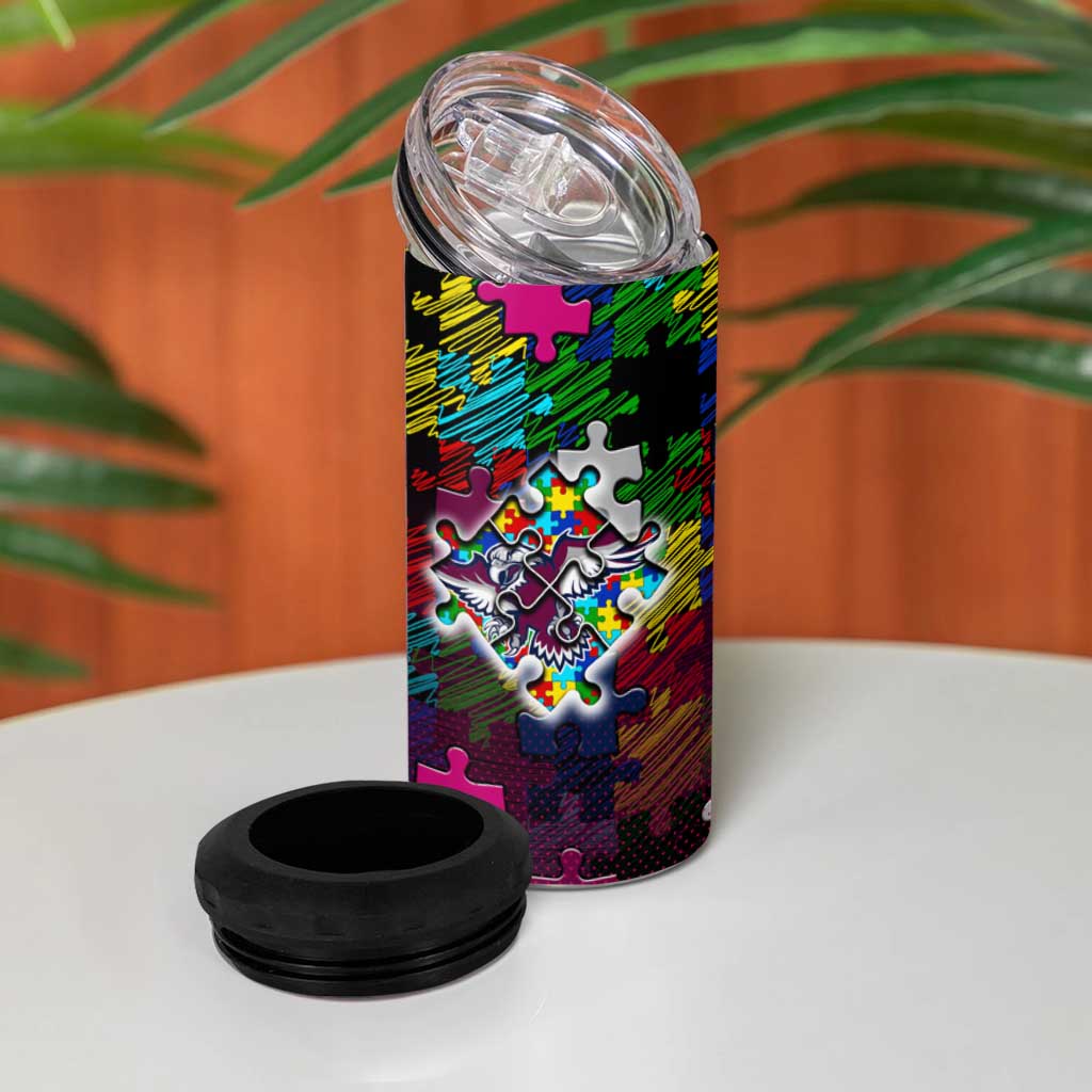 Sea Eagles Autism Awareness 4 in 1 Can Cooler Tumbler Puzzle Flames Rugby Ball