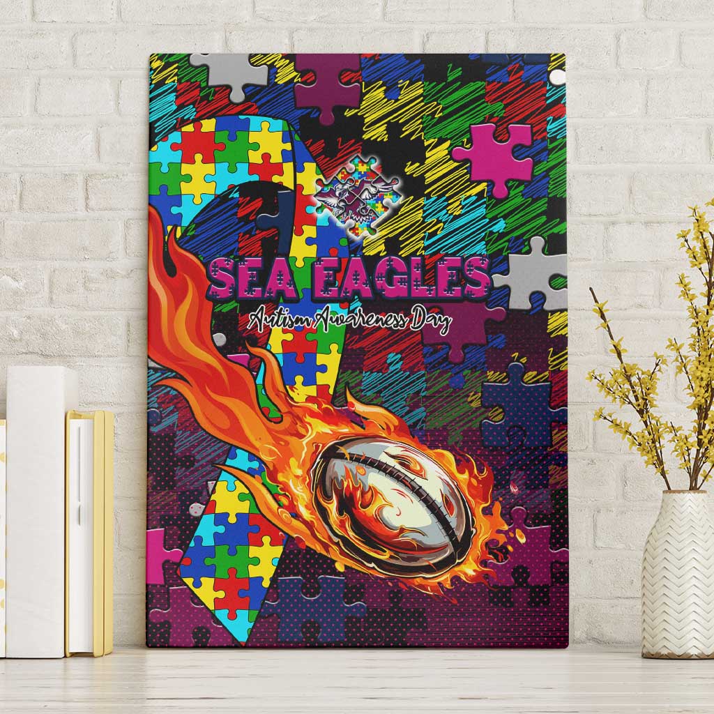 Sea Eagles Autism Awareness Canvas Wall Art Puzzle Flames Rugby Ball