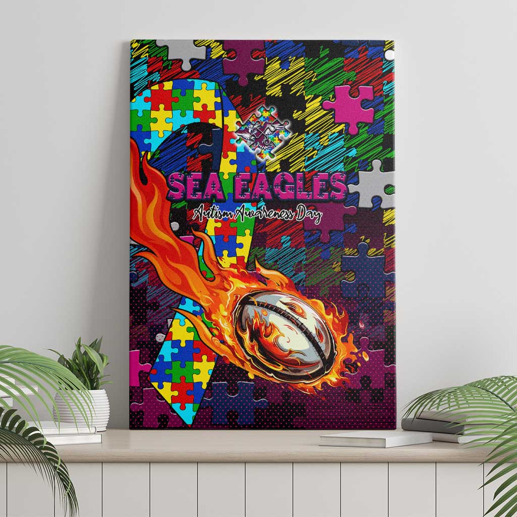 Sea Eagles Autism Awareness Canvas Wall Art Puzzle Flames Rugby Ball