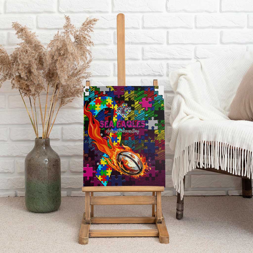 Sea Eagles Autism Awareness Canvas Wall Art Puzzle Flames Rugby Ball
