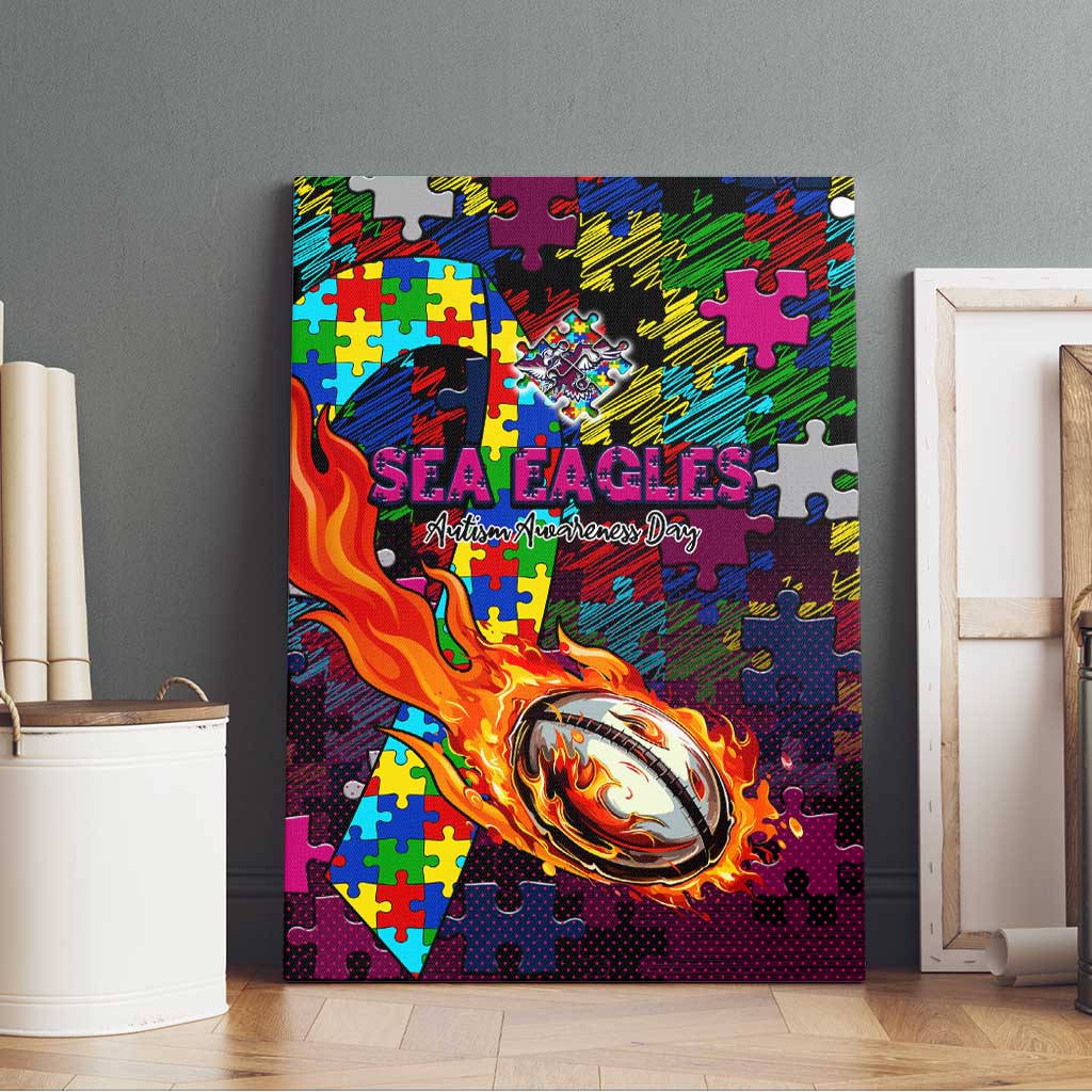 Sea Eagles Autism Awareness Canvas Wall Art Puzzle Flames Rugby Ball