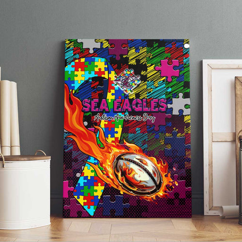 Sea Eagles Autism Awareness Canvas Wall Art Puzzle Flames Rugby Ball