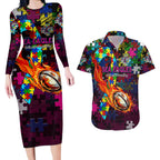 Sea Eagles Autism Awareness Couples Matching Long Sleeve Bodycon Dress and Hawaiian Shirt Puzzle Flames Rugby Ball