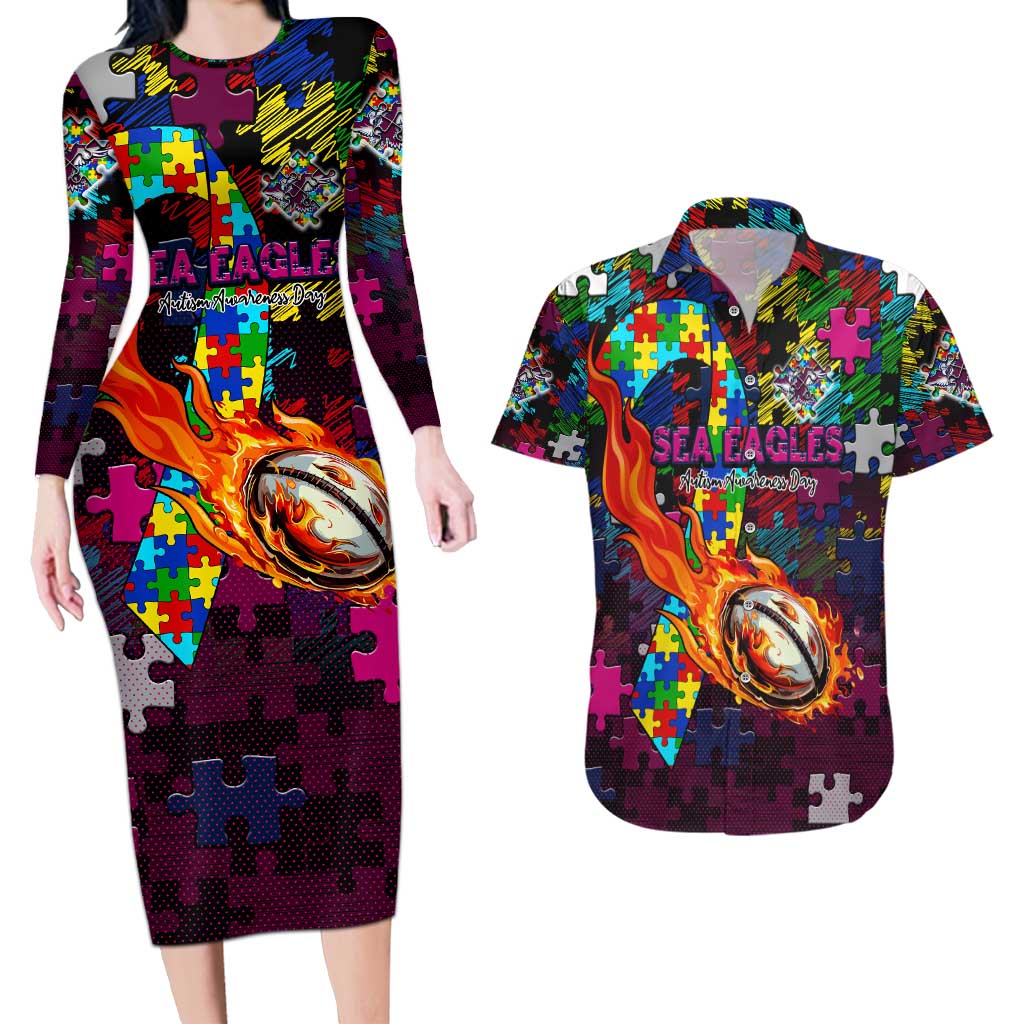 Sea Eagles Autism Awareness Couples Matching Long Sleeve Bodycon Dress and Hawaiian Shirt Puzzle Flames Rugby Ball