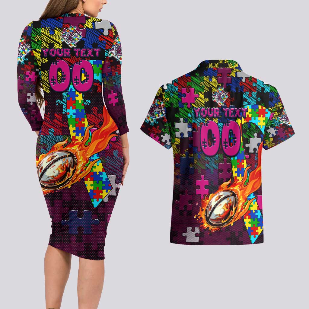 Sea Eagles Autism Awareness Couples Matching Long Sleeve Bodycon Dress and Hawaiian Shirt Puzzle Flames Rugby Ball