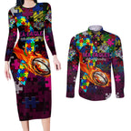 Sea Eagles Autism Awareness Couples Matching Long Sleeve Bodycon Dress and Long Sleeve Button Shirt Puzzle Flames Rugby Ball
