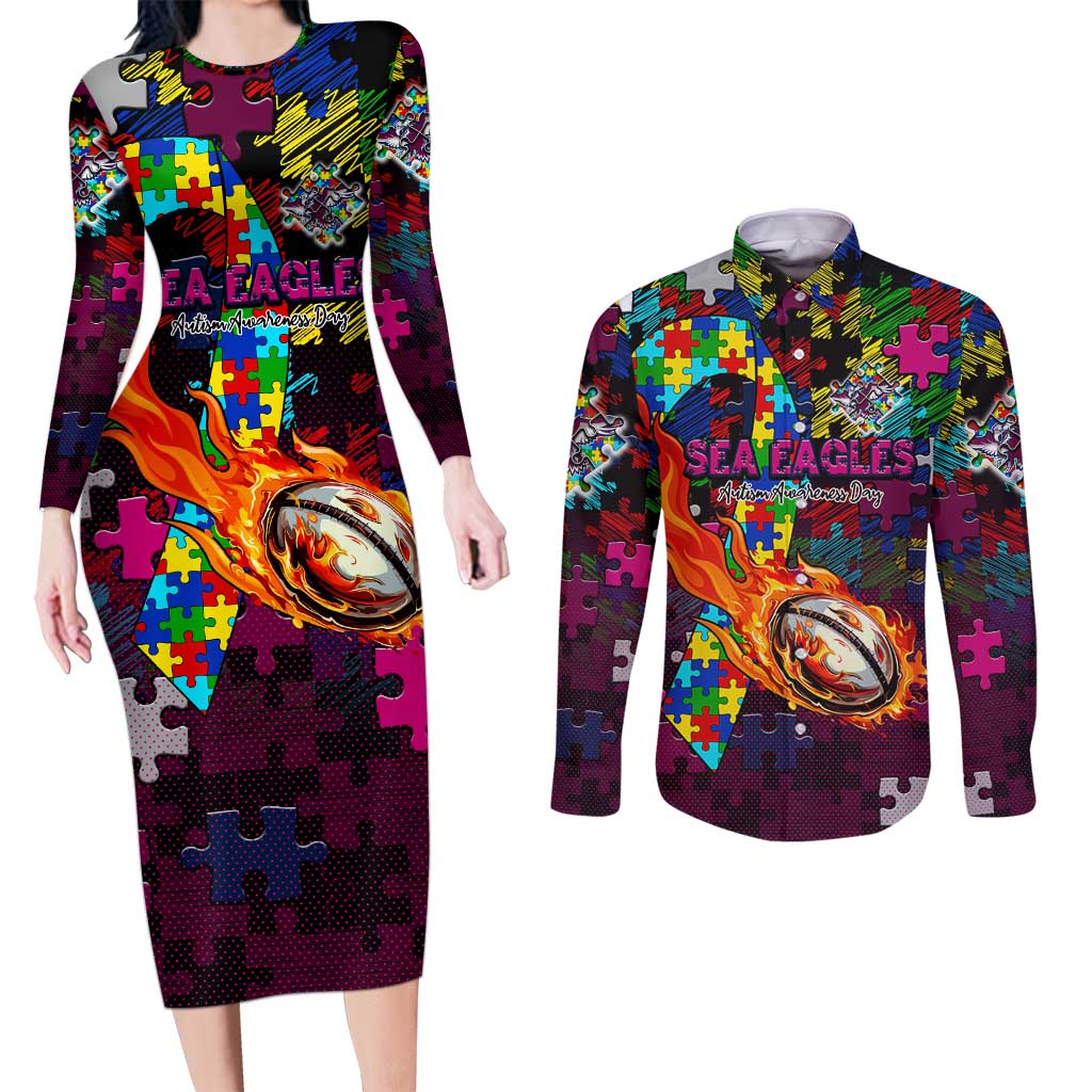 Sea Eagles Autism Awareness Couples Matching Long Sleeve Bodycon Dress and Long Sleeve Button Shirt Puzzle Flames Rugby Ball