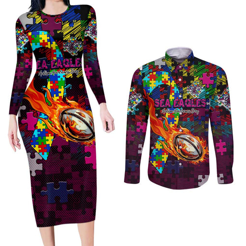 Sea Eagles Autism Awareness Couples Matching Long Sleeve Bodycon Dress and Long Sleeve Button Shirt Puzzle Flames Rugby Ball