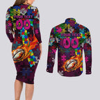 Sea Eagles Autism Awareness Couples Matching Long Sleeve Bodycon Dress and Long Sleeve Button Shirt Puzzle Flames Rugby Ball