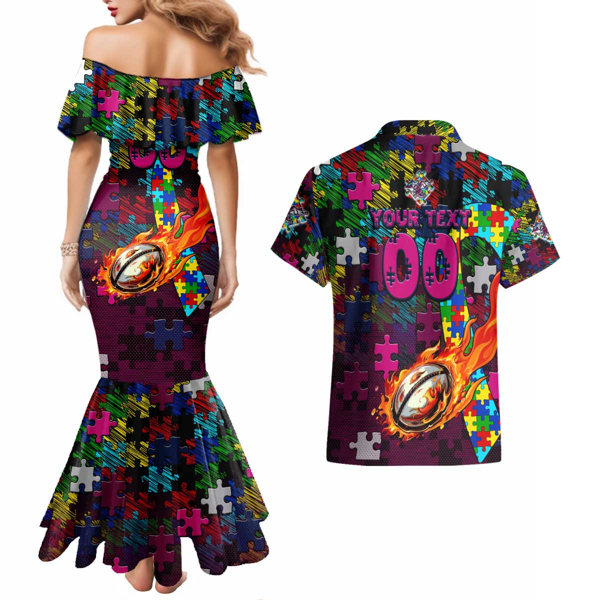 Sea Eagles Autism Awareness Couples Matching Mermaid Dress and Hawaiian Shirt Puzzle Flames Rugby Ball