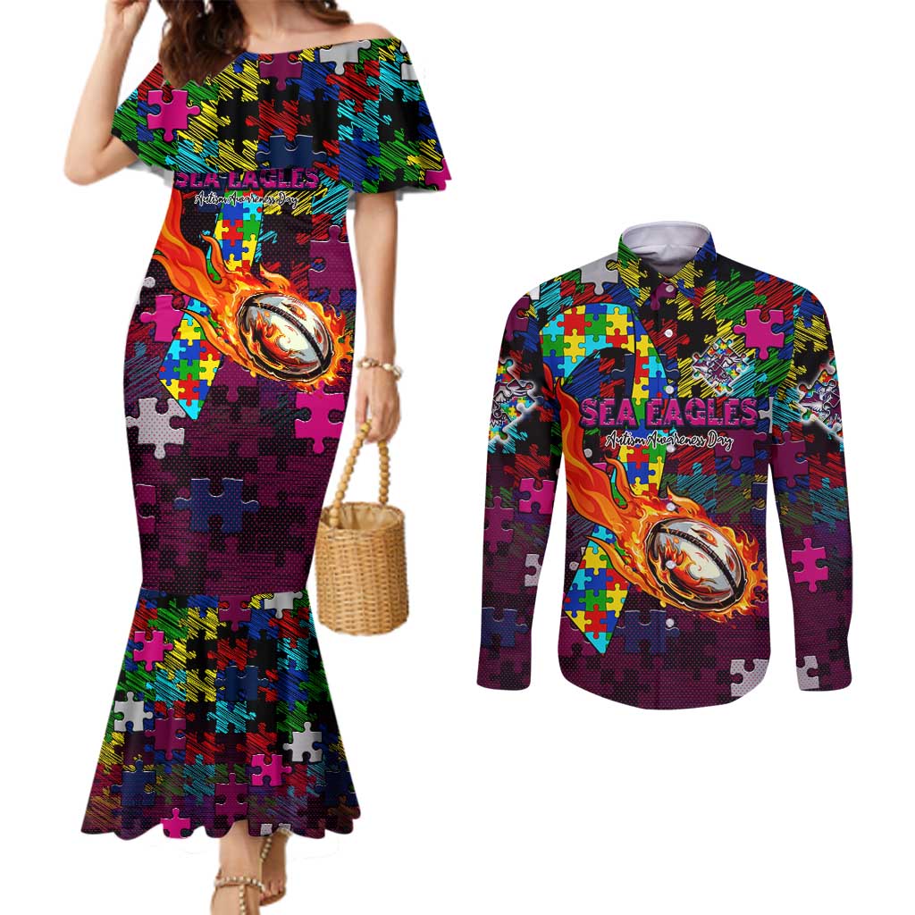 Sea Eagles Autism Awareness Couples Matching Mermaid Dress and Long Sleeve Button Shirt Puzzle Flames Rugby Ball
