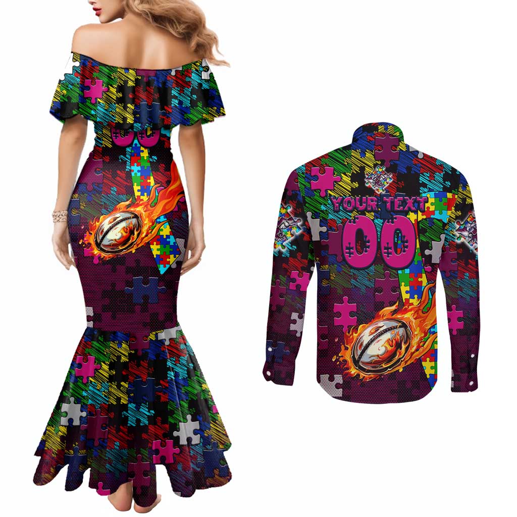 Sea Eagles Autism Awareness Couples Matching Mermaid Dress and Long Sleeve Button Shirt Puzzle Flames Rugby Ball