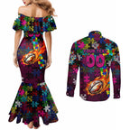 Sea Eagles Autism Awareness Couples Matching Mermaid Dress and Long Sleeve Button Shirt Puzzle Flames Rugby Ball