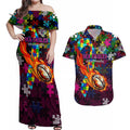Sea Eagles Autism Awareness Couples Matching Off Shoulder Maxi Dress and Hawaiian Shirt Puzzle Flames Rugby Ball