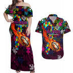 Sea Eagles Autism Awareness Couples Matching Off Shoulder Maxi Dress and Hawaiian Shirt Puzzle Flames Rugby Ball