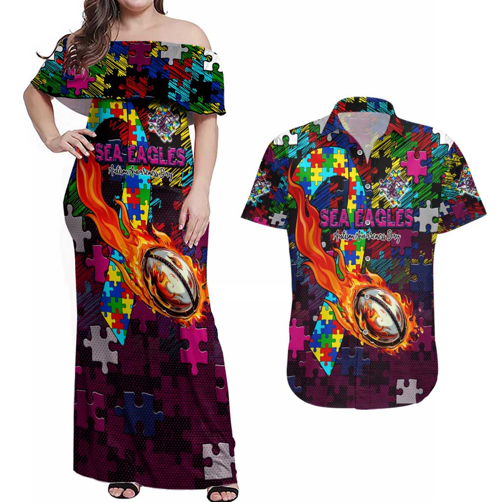 Sea Eagles Autism Awareness Couples Matching Off Shoulder Maxi Dress and Hawaiian Shirt Puzzle Flames Rugby Ball
