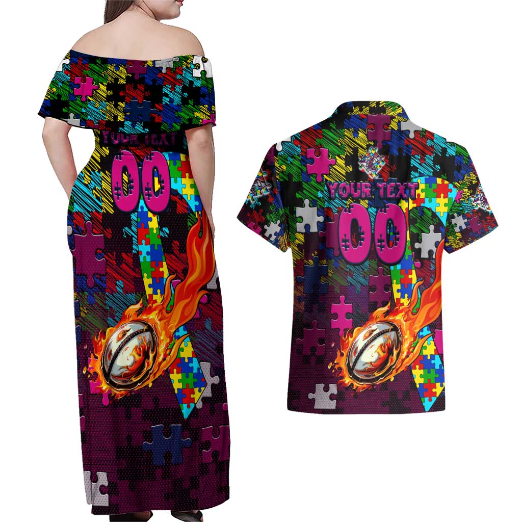 Sea Eagles Autism Awareness Couples Matching Off Shoulder Maxi Dress and Hawaiian Shirt Puzzle Flames Rugby Ball