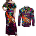 Sea Eagles Autism Awareness Couples Matching Off Shoulder Maxi Dress and Long Sleeve Button Shirt Puzzle Flames Rugby Ball