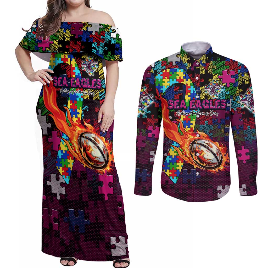 Sea Eagles Autism Awareness Couples Matching Off Shoulder Maxi Dress and Long Sleeve Button Shirt Puzzle Flames Rugby Ball