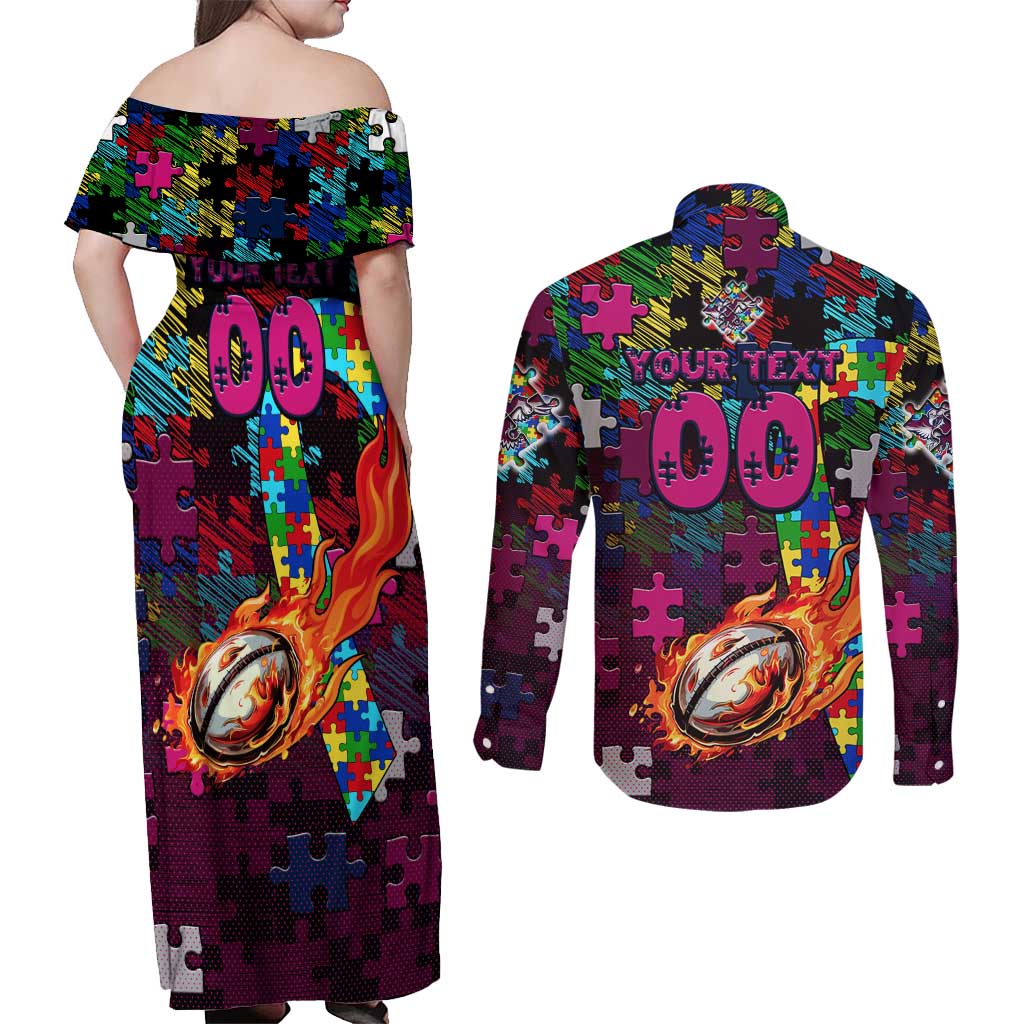 Sea Eagles Autism Awareness Couples Matching Off Shoulder Maxi Dress and Long Sleeve Button Shirt Puzzle Flames Rugby Ball