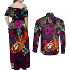 Sea Eagles Autism Awareness Couples Matching Off Shoulder Maxi Dress and Long Sleeve Button Shirt Puzzle Flames Rugby Ball