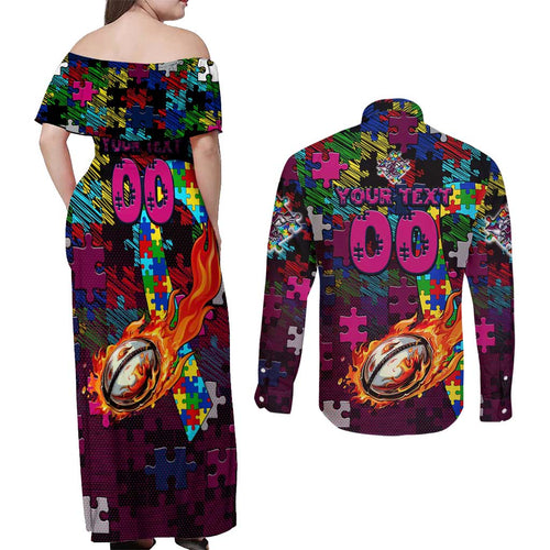 Sea Eagles Autism Awareness Couples Matching Off Shoulder Maxi Dress and Long Sleeve Button Shirt Puzzle Flames Rugby Ball