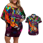 Sea Eagles Autism Awareness Couples Matching Off Shoulder Short Dress and Hawaiian Shirt Puzzle Flames Rugby Ball