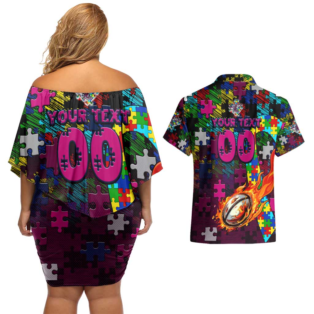 Sea Eagles Autism Awareness Couples Matching Off Shoulder Short Dress and Hawaiian Shirt Puzzle Flames Rugby Ball