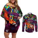 Sea Eagles Autism Awareness Couples Matching Off Shoulder Short Dress and Long Sleeve Button Shirt Puzzle Flames Rugby Ball