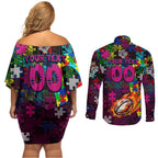Sea Eagles Autism Awareness Couples Matching Off Shoulder Short Dress and Long Sleeve Button Shirt Puzzle Flames Rugby Ball