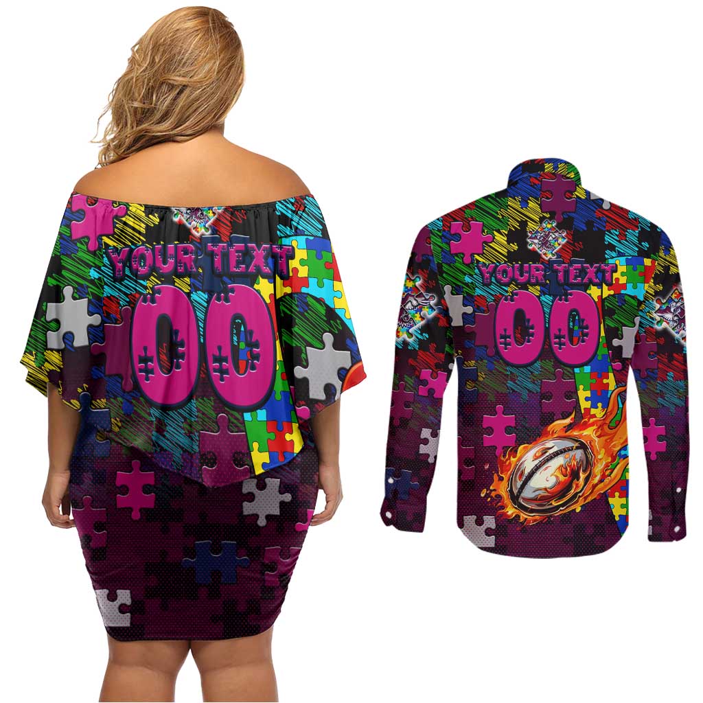 Sea Eagles Autism Awareness Couples Matching Off Shoulder Short Dress and Long Sleeve Button Shirt Puzzle Flames Rugby Ball