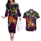 Sea Eagles Autism Awareness Couples Matching Off The Shoulder Long Sleeve Dress and Hawaiian Shirt Puzzle Flames Rugby Ball