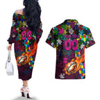 Sea Eagles Autism Awareness Couples Matching Off The Shoulder Long Sleeve Dress and Hawaiian Shirt Puzzle Flames Rugby Ball