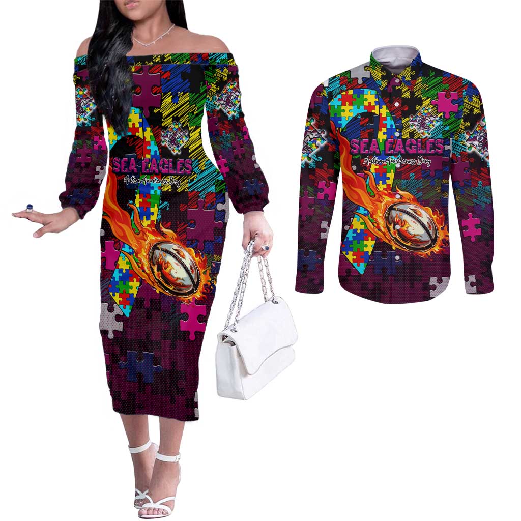 Sea Eagles Autism Awareness Couples Matching Off The Shoulder Long Sleeve Dress and Long Sleeve Button Shirt Puzzle Flames Rugby Ball