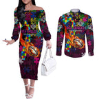 Sea Eagles Autism Awareness Couples Matching Off The Shoulder Long Sleeve Dress and Long Sleeve Button Shirt Puzzle Flames Rugby Ball