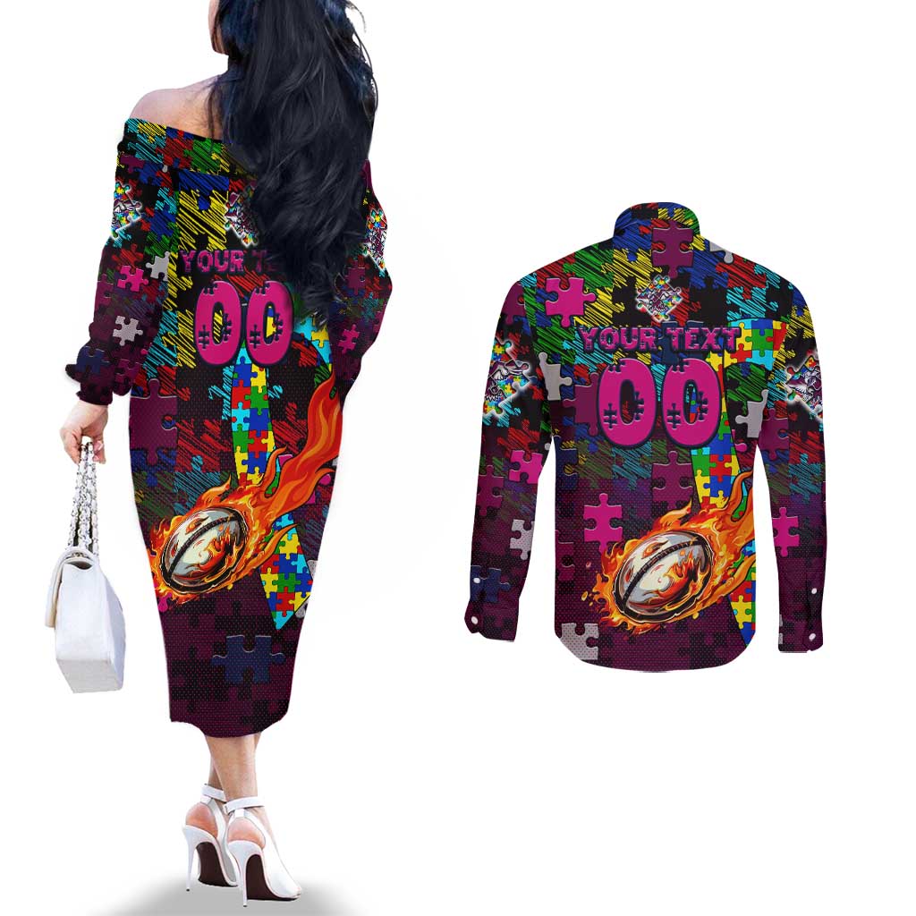 Sea Eagles Autism Awareness Couples Matching Off The Shoulder Long Sleeve Dress and Long Sleeve Button Shirt Puzzle Flames Rugby Ball